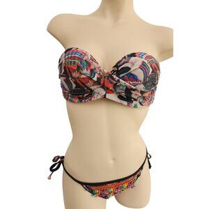 Agua Bendita Beaded Tassel Thong Bottom Strapless Top Bikini Swimsuit Large